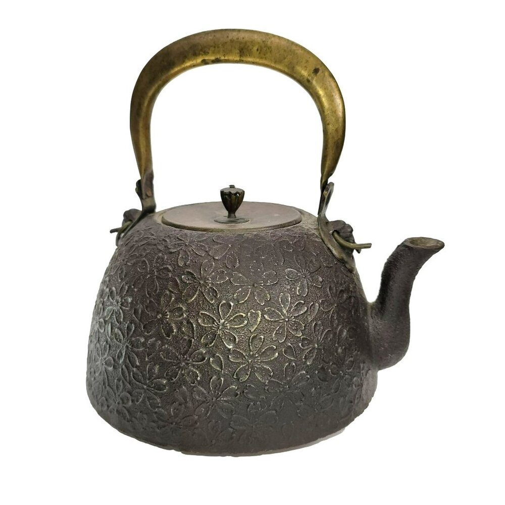 Japanese Cast Iron Teapot Antique Tetsubin Floral Brass Handle CT404